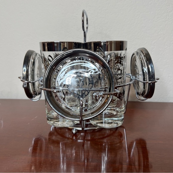 Vintage 25th Anniversay Silver Tone Tumbler & Coasters Set & Caddy 9 Piece Set - Picture 2 of 16